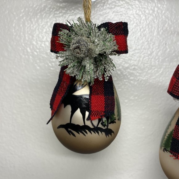 Brown Glass Teardrop Christmas Ornaments W Moose N Trees Design Set of 2 NWT - Picture 5 of 16